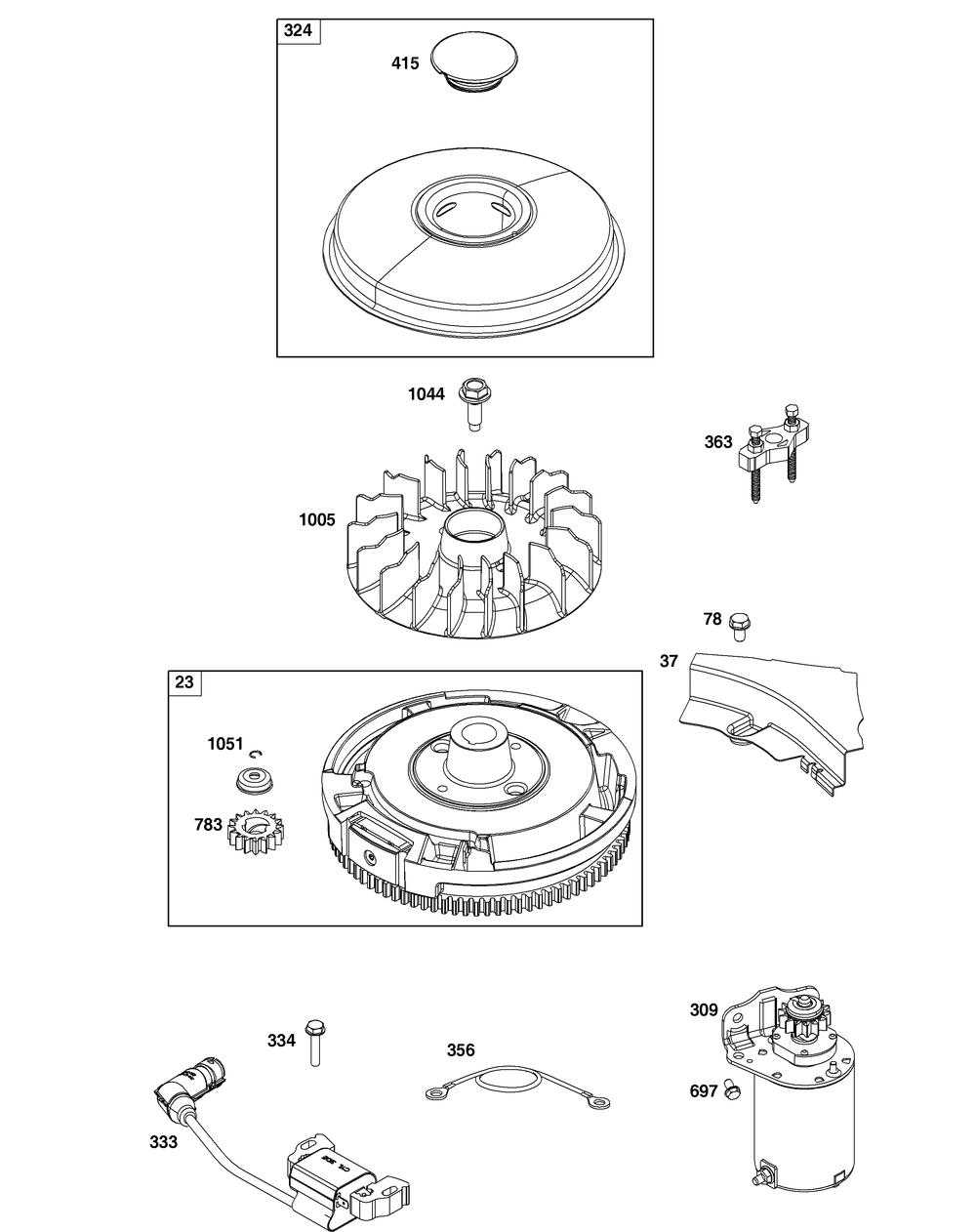 Flywheel, Ignition, And Starter Group Diagram and Parts List for 31R577-0038-B5 200000 - 399999 Briggs and Stratton Engine